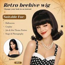 Short Bob Wig With Bangs For Women 60s 70s Retro Beehive Bouffant Black Wigs Vintage Costume Wig For Halloween Party Cosplay Fun Wig Shoulder Length - Multicolor - View 3