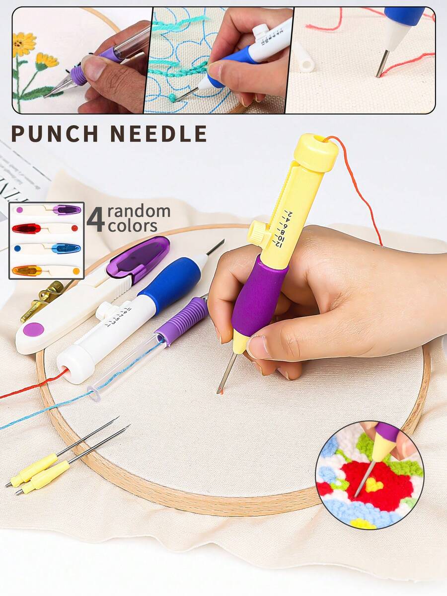 1 Set DIY Punch Needle Kit, Includes 1 Fixed Length Punch Needle, 1 Replaceable Punch Needle, And 1 Random Color Scissors With Cover