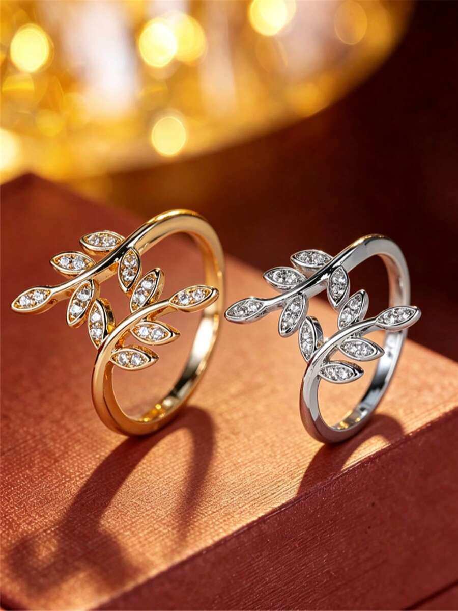 1pc Mori Style Leaf Open Ring, Multi-Leaf Shiny Finger Ring, Vintage Luxury Adjustable Index Finger Ring, Fashion Accessory - Open Ring - View 1