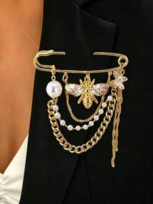 Attractive Bee Brooch With Anti Glare Pin Metallic Long Chain Brooch For Party Queens Retro Chain Tassel Lapel Pin To Match Up Gowns Fall Home Decor College Bathroom Travel Essentials Halloween Dorm Wall Wedding Office Back To School - One Size - View 4