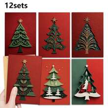 1/6/12 Sets Christmas Tree Greeting Cards, 6 Different Hollow-Out Styles, Christmas Tree, Star, Red Design, Christmas Winter Holiday Gift Cards For Family And Friends - A - View 12