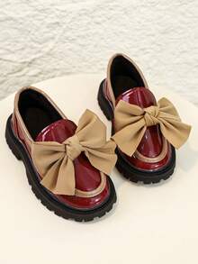 1 Pair New Fashion Cute Bow PU Pearl Hook & Loop Non-Slip Wear-Resistant Comfortable Versatile Girls Mary Jane Loafers, Suitable For Spring And Autumn Outdoor, Daily, Party And School Wear - Ginger - View 3