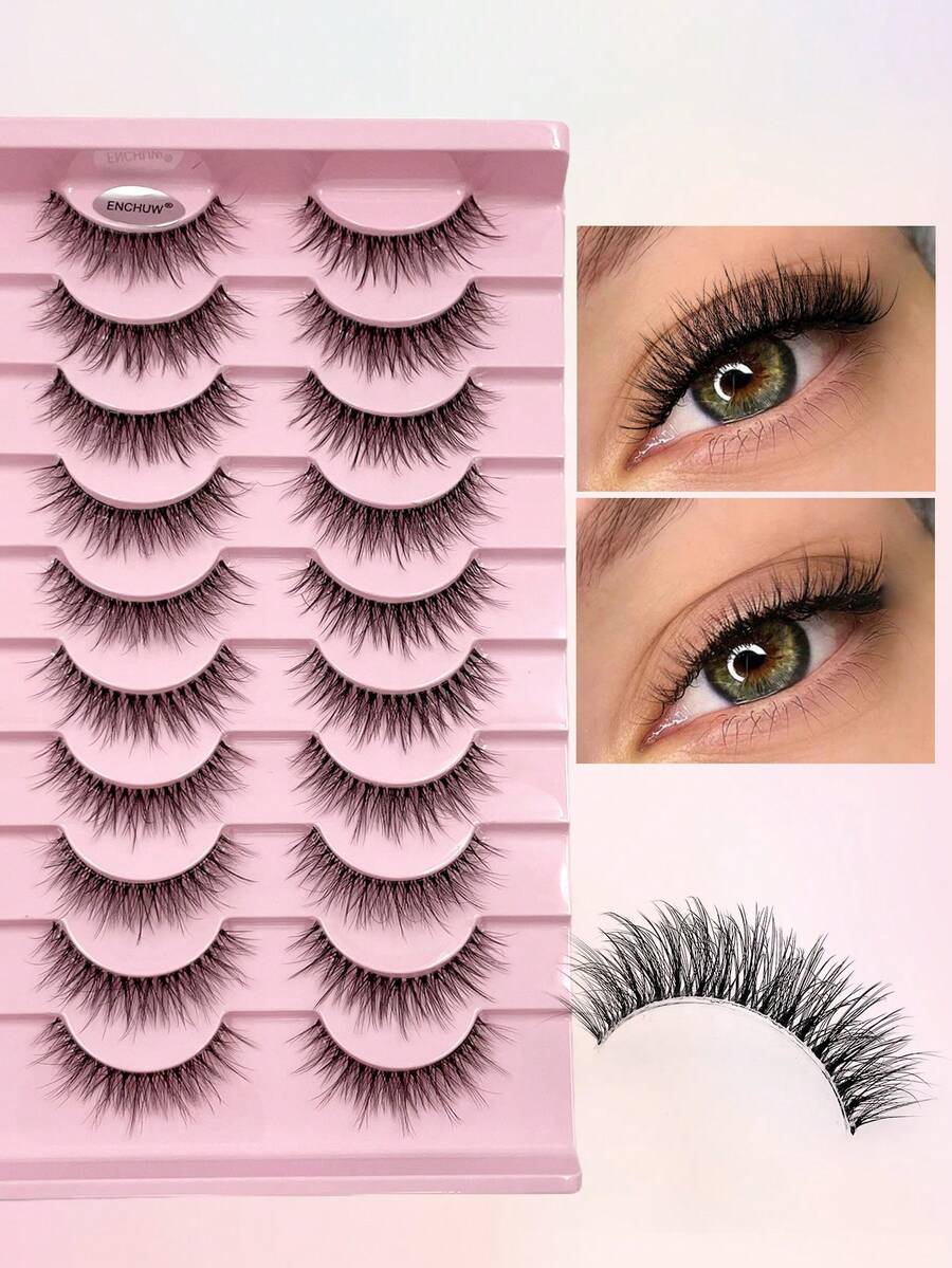ENCHUW 10 Pairs Eyelashes With Clear Band Strip Lashes Fluffy Natural Look Wispy Light Short False Eyelashes 3D Fake Lashes - Black - View 1