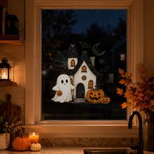 1pc Halloween Cartoon Ghost Bat Haunted House Window Stickers, Double-Sided Visible PVC Electrostatic Adsorption Glass Stickers, Suitable For Decorating Living Rooms, Bedrooms, Offices, And Classrooms. - Multicolor - View 2