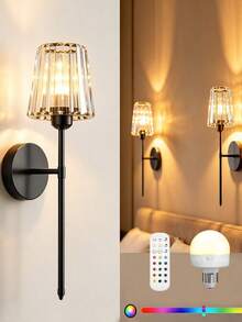 High-End Crystal Wireless Wall Lamp, Black & Gold Rechargeable Wall Light With Crystal Lampshade, Remote Dimming, 12-Color RGB & 3-Color CCT, Decorative Light For Bedroom, Living Room, Hallway - Multicolor - View 2