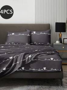 4-Piece Heart Pattern Bedding Set, Easy Care Soft Bedding Set (1 Flat Sheet + 1 Fitted Sheet + 2 Pillowcases), Fitted Sheet Suitable For King, Queen, Full And Twin Size Beds, Fits 11.8 Inch Deep Mattress, Soft Breathable And Wrinkle-Resistant - Multicolor - View 2