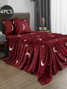 4-Piece Burgundy Moon & Star Pattern Bed Sheet Set, Easy-Care Soft Bedding Set, Floral Pattern Fitted Sheet Set (1 Flat Sheet + 1 Fitted Sheet + 2 Pillowcases), Fitted Sheet Set, Suitable For King, Queen, Full And Twin Size, Deep Pocket Design, Pillowcases Up To 11.8 Inches, Soft And Breathable, Wrinkle-Resistant - Burgundy - View 2