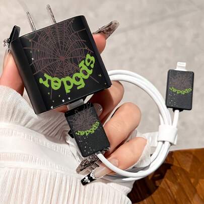 4pcs 2D Flat Design Spider Web Pattern Phone Charger Protector Set, Charger Head Cover + Cable Protector + Storage Rope, Compatible With IPhone 20W/18W Charger