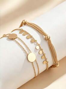 3pcs Gold Round Pendant Bracelet Set, With Sequin Tassel Decoration, Metal Disc Bracelet, Minimalist Style, Adjustable Size, Suitable For Daily Wear, Commuting And As Versatile Gift For Girlfriend, Family, Friends - Bracelet - View 3