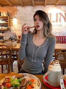Women's Slim Fit Henley Button Long Sleeve Base Layer T-Shirt, Thin Crew Neck Top For Spring - Light Grey - View 4