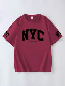 Women's Casual Fashion Street Letter Print Short Sleeve T-Shirt, Summer - Burgundy - View 5