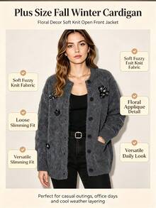 Plus Size Women's Sequin Floral Plush Knit Cardigan, Round Neck Button Front Sweater Jacket, Loose Fit Slimming Daily Wear Black, Autumn/Winter - Black - View 2