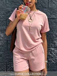 Women's Plus Size Casual Daily Pink Knit Short Set Top, Medium Stretch Fabric, Summer Elegant - Baby Pink - View 5