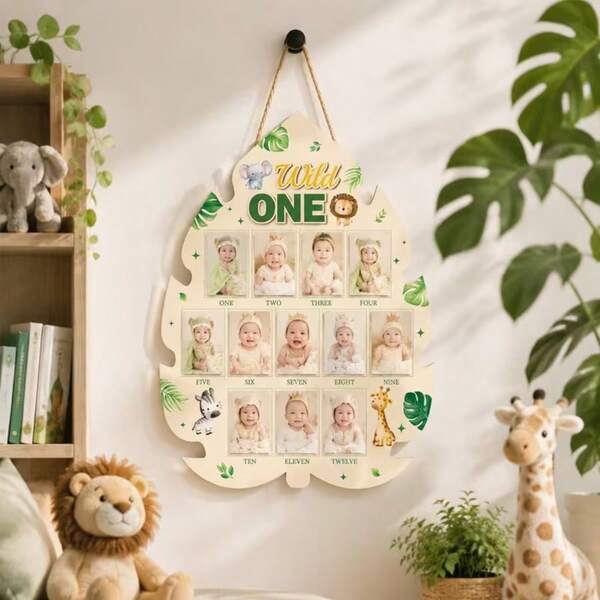 2D Flat Wild One Jungle Animal Baby 12-Month Growth Photo Frame, Leaf Design, 12 Photo Slots For 1-12 Months, For Displaying Monthly Growth Photos, Popular First Birthday Decoration