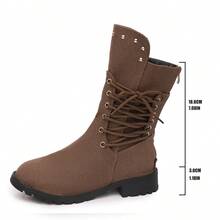 Fashionable Western Boots, Brown Lace-Up Mid-Calf Boots. Rivet Decor Side Zipper Non-Slip Thick Sole Autumn/Winter Workwear Style Casual Women's Boots. Back Zipper Lace-Up Design Motorcycle Boots - Rust Brown - View 7