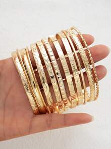 12pcs Elegant Casual Printed Heart Chain Bracelets For Women, Vacation Date Birthday Holiday Gift, Personalized Fashion Versatile - Yellow Gold - View 2