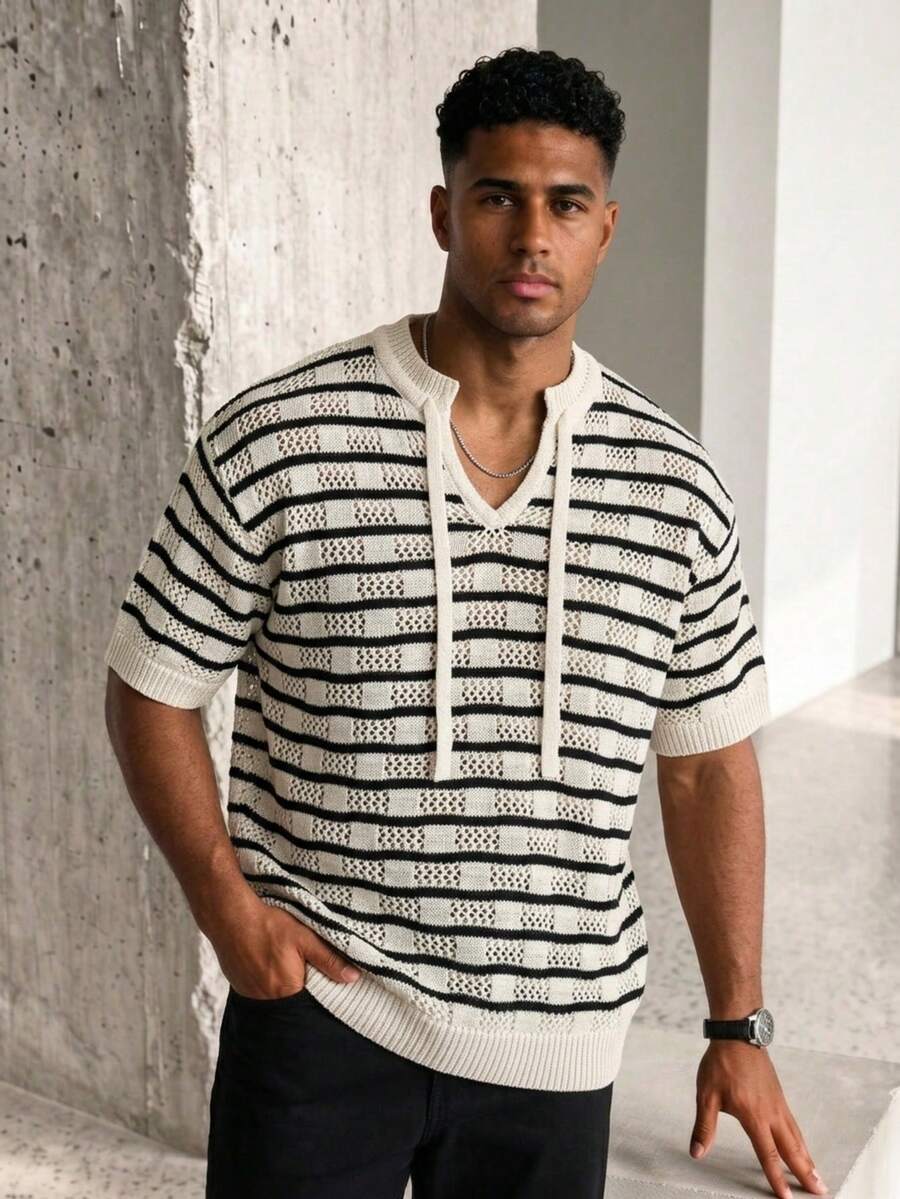 Spring/Summer Men's Neutral Casual Loose Minimalist Striped Color-Block Wavy Pattern Vintage Lazy Versatile Street Commute Campus V-Neck Drawstring Pullover Short Sleeve T-Shirt Knit Top Beige Sweater Back To School - Beige - View 1