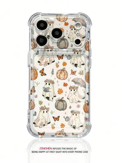 1pc Cute Halloween Ghost With Umbrella, Studying Ghost, And Pumpkin Butterfly Transparent Four-Corner Anti-Drop Phone Case, Compatible With IPhone 17 Pro/17 Pro Max/17/16/16 Plus/16 Pro Max/18/18 Pro/18 Pro Max/15/15 Plus/15 Pro/15 Pro Max/13/13 Pro Max/12/12 Pro/12 Pro Max/11/11 Pro Max/13 Mini/12 Mini Halloween Phone Case
