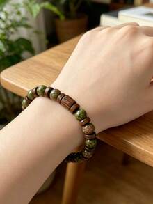 Natural Dragon Blood Stone Wooden Bead Wealth Bracelet, Handmade Elastic Bracelet, Prosperity And Good Fortune, Comfortable Elastic Bracelet For Men And Women, Fashionable Jewelry For Daily Wear, Ideal Gift For Office, Party, Birthday, Anniversary, Valentine's Day, Father's Day And All Special Occasions - Multicolor - View 4