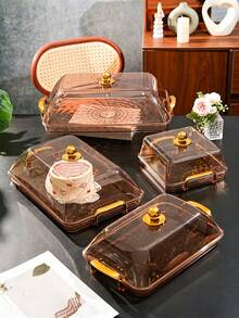 Tray With Cake Lid, Gold Thickened Transparent PET Rectangular Tray With Handle And Cake Lid, Plastic Storage Tray, Suitable For Tea Cups, Water Cups, Gold Rim Style - Amber - View 7