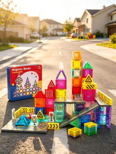 32/58pcs Children Magnetic Building Blocks City Road Track Car Set, Versatile Magnetic Construction Puzzle, Suitable For 3-14 Years Old Kids Birthday/Holiday Gift (Random Color)