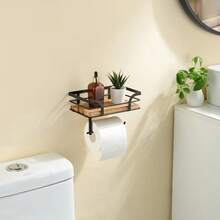 In Stock Solid Wood Wall-Mounted Toilet Paper Holder Bathroom Wooden Wall Shelf Paper Towel Storage Rack For Home - Multicolor - View 3