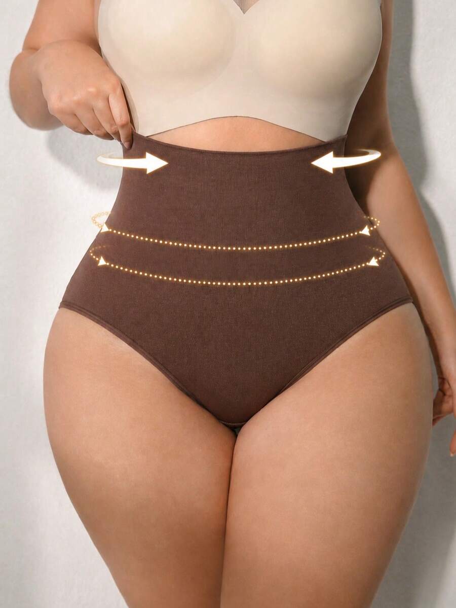 1pc Coffee Brown Plus Size High Waist Seamless Shapewear Panties, Wide Waistband Strong Tummy Control Butt Lifting Body Shaping Panties, 4-Way Stretch No-Trace Anti-Rolling Comfortable Non-Binding, Postpartum Recovery Back To School Commute Dress Jeans Invisible Base Layer Shaping Triangle Panties - Coffee Brown - View 1