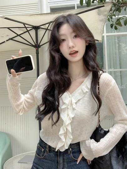 French Minimalist Sexy Style Ruffle V-Neck Knit Cardigan Women's Autumn Thin Slightly Sheer Sun Protection Short Top