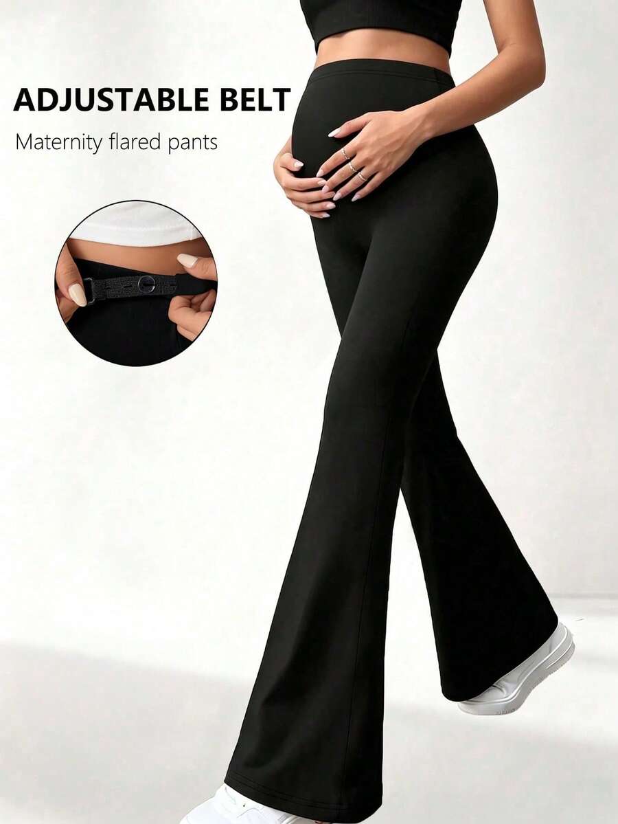 Yoga Basic Style Maternity Leggings With Adjustable Waistband. Black - Black - View 1