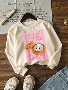 Young Girls 1pc Thick Warm Printed Crew Neck Sweatshirt, Young Girls Autumn/Winter Long Sleeve Top For Students - Apricot - View 4