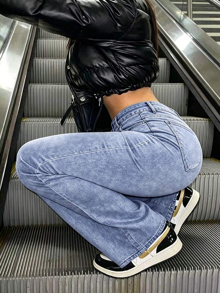 Celana Jeans Flare Y2K - Celana Jeans Wanita Warna Polos Pinggang Tinggi Slim-Fit Slimming Stretch Kasual Serbaguna Streetwear. - kepingan salju - View 5