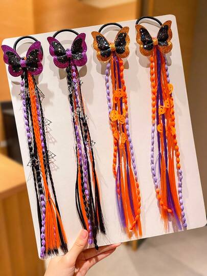 2Pcs Girls Halloween Costume Braided Hair Bands With Butterfly Pumpkin Sequin Decoration, Orange Purple Black Color Matching Halloween Atmosphere, Cute Girls Hair Accessories, Suitable For Halloween Party And Gift Giving