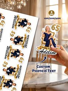10/20/40pc Custom Photo & Text Milestone Birthday Die Cut Stickers, Personalized Name Age Face Cutout Stickers, Elegant Gold Ribbon Throne Chair Adult Birthday Party Favor Decals - Multicolor - View 1