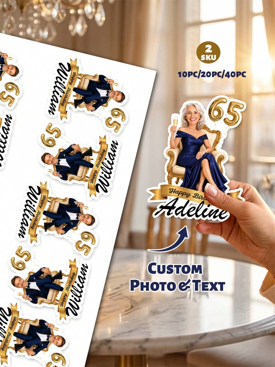 10/20/40pc Custom Photo & Text Milestone Birthday Die Cut Stickers, Personalized Name Age Face Cutout Stickers, Elegant Gold Ribbon Throne Chair Adult Birthday Party Favor Decals - Multicolor - View 1