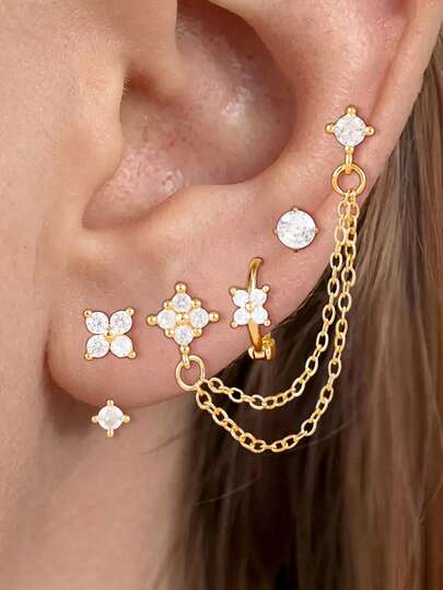 4PCS Flower Zirconia Tassel Chain Pendant Earrings Set For Women 18K Gold Plated Stainless Steel Round Zirconia Ear Stud Delicate Daily Jewelry