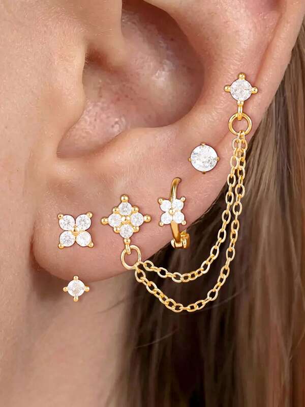4PCS Flower Zirconia Tassel Chain Pendant Earrings Set For Women 18K Gold Plated Stainless Steel Round Zirconia Ear Stud Delicate Daily Jewelry