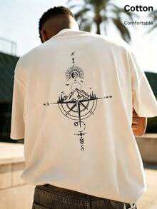 Men's Cotton T-Shirt For Autumn With Back Print Of Sun, Mountains, Compass And Geometric Patterns, Daily Street, Vacation, Casual Sports Outfits - Apricot - View 2