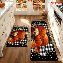 1/2/3pcs Autumn Theme Set Carpet, 2D Flat, Orange Pumpkin With Black And White Checkered Background Pattern, Thanksgiving Decor, Kitchen Carpet, Retro Style, Rectangular, Holiday Decor, Home Decor, Soft Carpet, Suitable For - White - View 3