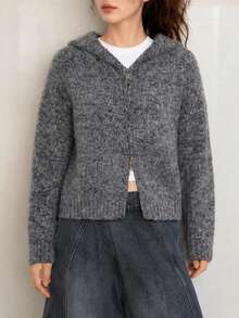 Women's Autumn/Winter Casual Minimalist Floral Sheer Hooded Knit Cardigan Sweater - Grey - View 4