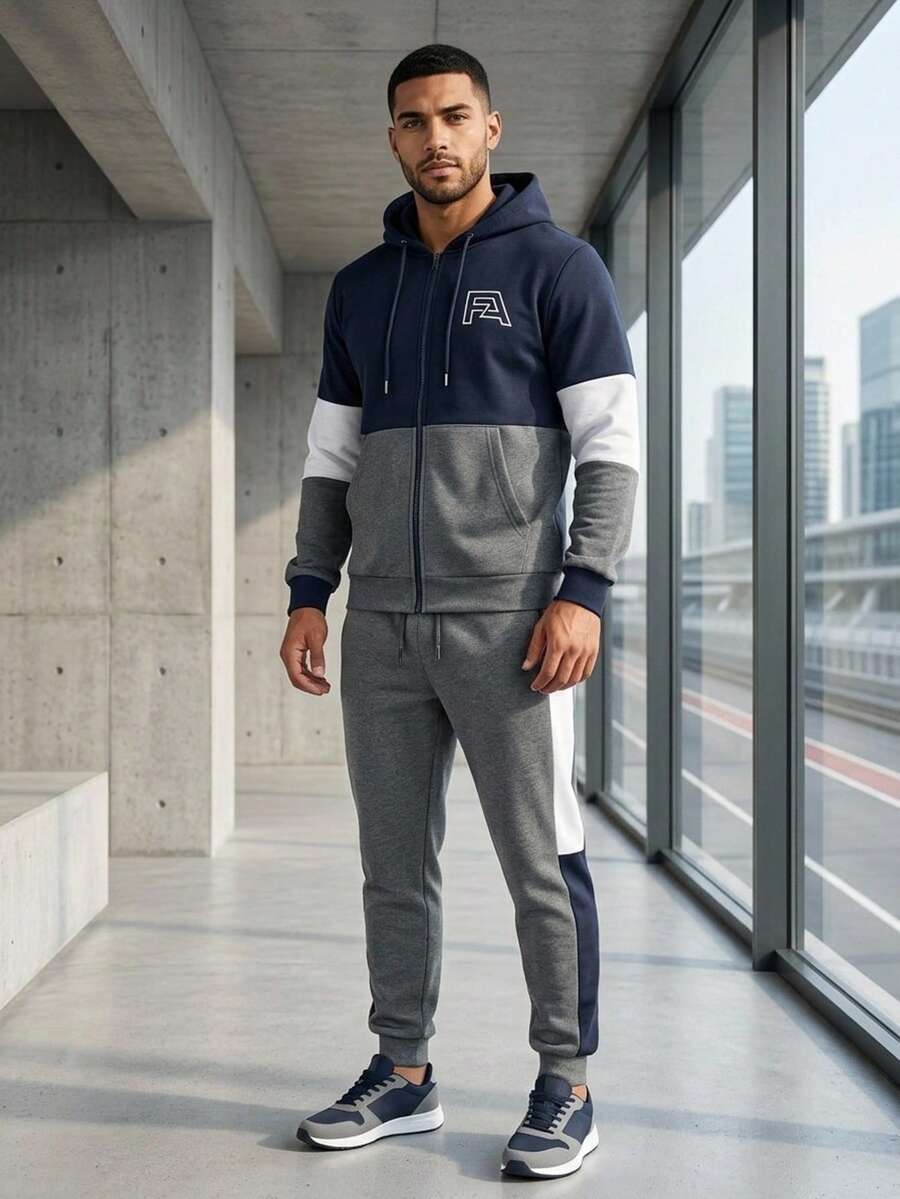 Men Hoodie Co-Ords - Navy Blue - View 1