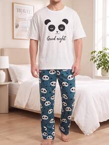 Plus Size Men's Panda Print Pajama Set, Summer Short Sleeve T-Shirt + All-Over Print Loose Casual Lounge Pants - White - View 5