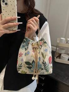 Shoulder Bag With Colorful Floral Pattern, Bucket Bag With Adjustable Metal Chain For Shoulder And Crossbody Use, Drawstring Closure, Interior Space For Makeup And Small Items, Suitable For Daily Outings, Shopping, Commuting And Travel - Green - View 4