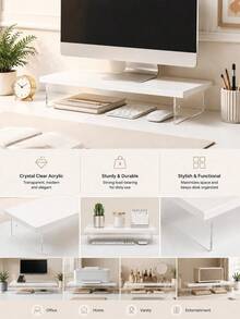 1pc White Monitor Stand With Transparent Acrylic Side Panels, Desktop Storage Rack With Keyboard Compartment, Computer Desk Riser, Suitable For Laptop, Printer And Office Supplies, Minimalist Display Stand, Suitable For Home Office, Study, Vanity - Multicolor - View 3