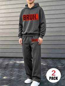 2pcs Boys' Casual Outfit,Including "BRUH" Print Hoodie+Wide-Leg Set,Soft Comfortable,Suitable For Autumn&Winter Wear. - Dark Grey - View 1