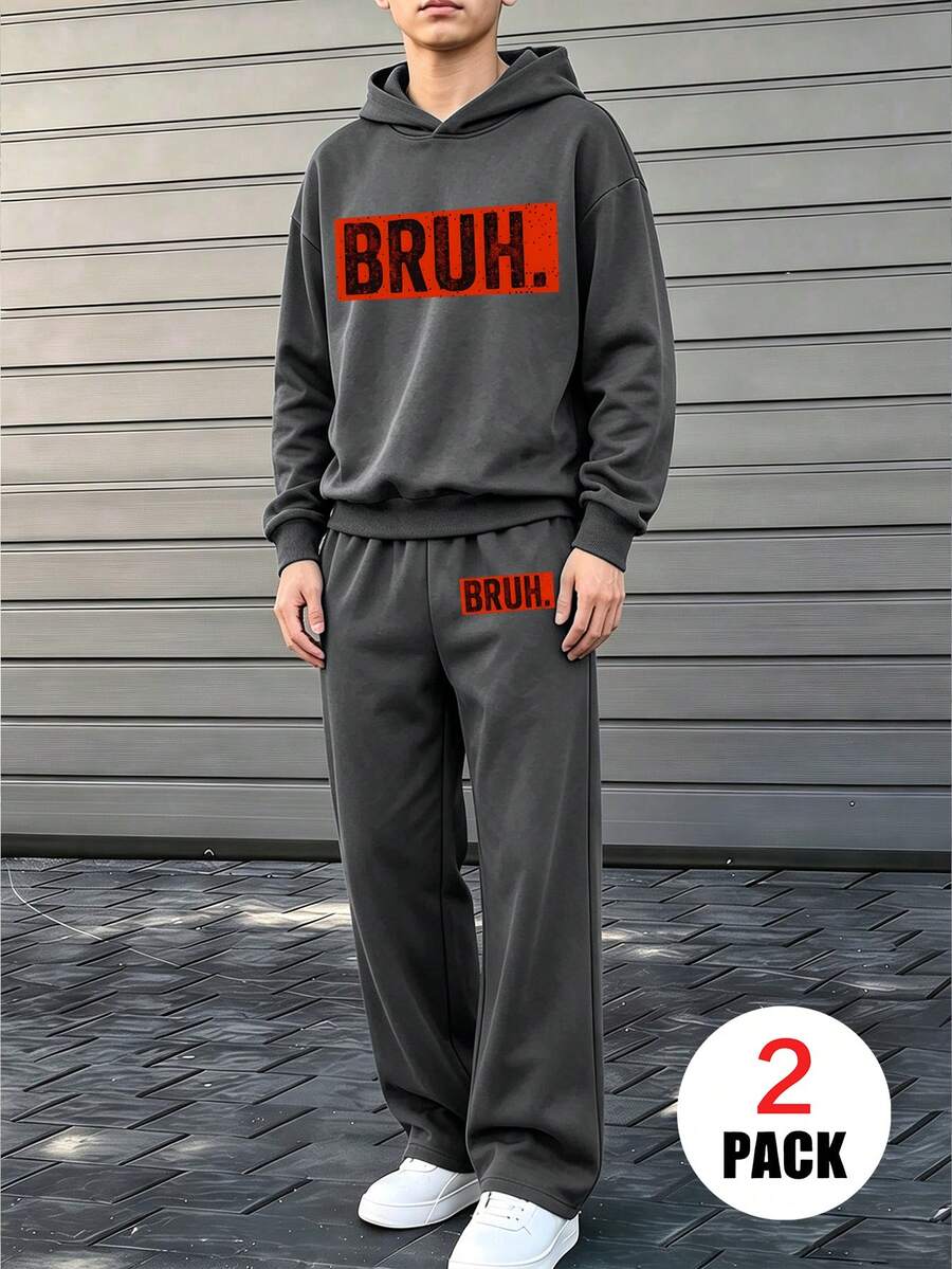 2pcs Boys' Casual Outfit,Including "BRUH" Print Hoodie+Wide-Leg Set,Soft Comfortable,Suitable For Autumn&Winter Wear. - Dark Grey - View 1