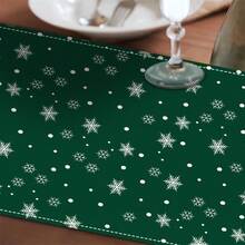 1pc Dark Green Background Christmas Tree & Snowflake Print Table Runner, Linen Texture Holiday Table Runner, For Dining Table Christmas Party Home Decor - Green - View 4