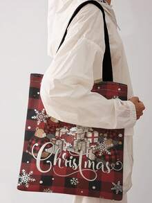1pc Christmas Plaid Print Print Shoulder Tote,Large Capacity For Books,Groceries & Daily Beach Travel School Use.For Students, Great Daily Bag Or Gift - Red - View 4