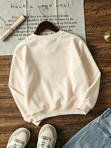Young Girls 1pc Thick Warm Printed Crew Neck Sweatshirt, Young Girls Autumn/Winter Long Sleeve Top For Students - Apricot - View 3