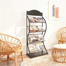 65*30*146cm 4‑Tier S‑Shaped Iron Floor‑Standing Magazine Rack With DIY Billboard, Tilted Grid Display Shelf, 33.06 Lbs Per‑Tier Load‑Bearing For Office Study Bookstore Library, Black - Black - View 4