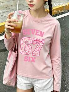 Autumn Girls Long Sleeve T-Shirt With Pink Letter SEVEN SIX Floral Number 67 Print And Bow Accent, Crew Neck Raglan Sleeve Soft Fabric - Baby Pink - View 1